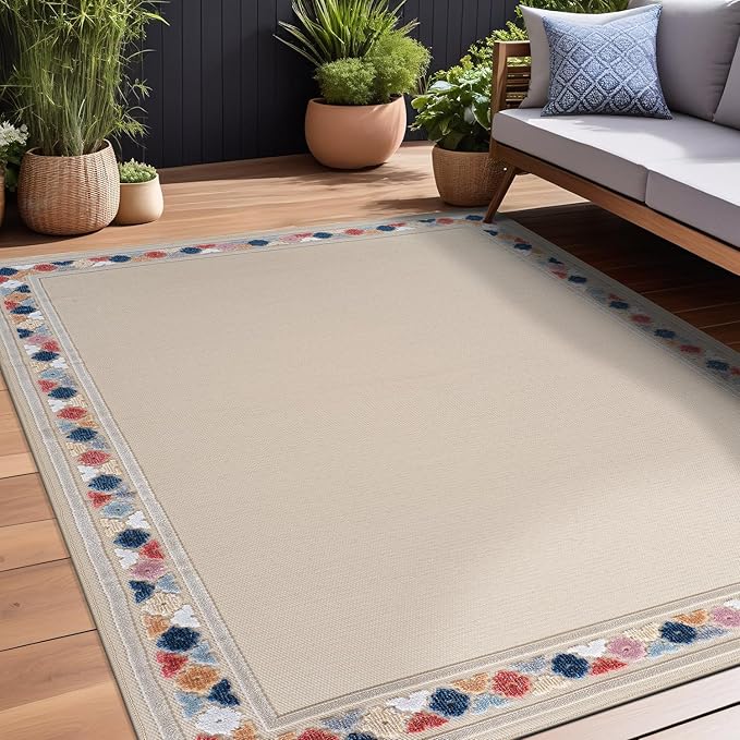 Beverly Rug Outdoor Rug 4x6 Modern Bordered Area Rugs for Indoor and Outdoor Patio Easy to Clean Non Shedding Living Room Porch Garden Washable Outside Carpet (4 x 6 Beige)