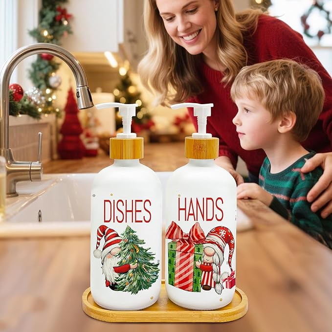 Hexagram Christmas Soap Dispenser Set of 2, Christmas Kitchen Decor, Xmas Gnomes Glass Soap Dispenser for Home Indoor Decorations, Xmas Refillable Lotion Essential Oil Dispensers with Pump
