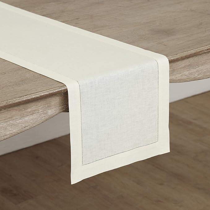 Solino Home Linen Ivory Table Runner 156 Inches Long - 100% Pure Linen Extra Long Table Runner 14 x 156 Inch for Fall, Autumn, Thanksgiving - Classic Hemstitch