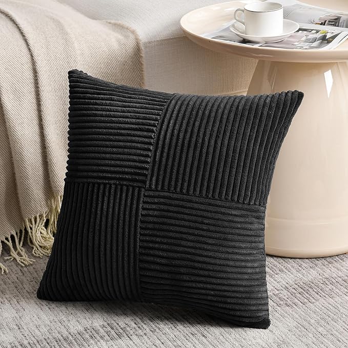 Fancy Homi 2 Packs Black Euro Decorative Throw Pillow Covers 26x26 Inch for Couch Bed Sofa, Rustic Farmhouse Boho Home Decor, Soft Corss Corduroy Patchwork Textured Square Cushion Case 66x66 cm