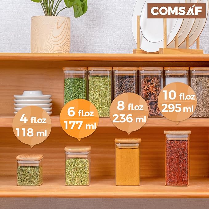 ComSaf 16Pcs Glass Spice Jars with Bamboo Lid, 6oz Airtight Square Containers with 275 Black Lables, Empty Seasoning Jars for Salt Sugar