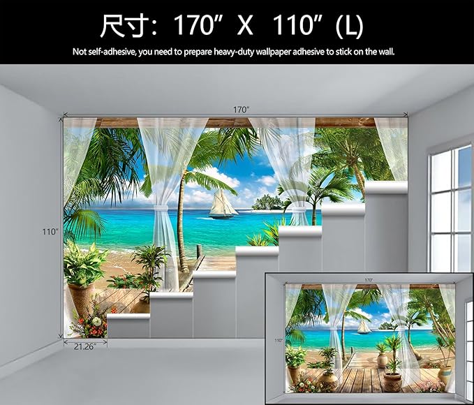 WFBHUA-Wall Mural Tropical Beach Palm Tree Wallpaper Balcony Window Seascape Landscape Wallpaper for Bathroom Living Room Bedroom (Not Peel and Stick)
