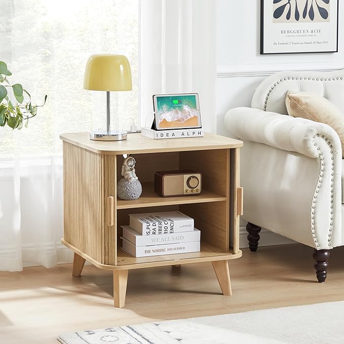 Farmhouse Square End Table with Charging Station, 24" Large Fluted Sofa Side Table with Sliding Tambour Door and Storage, Rustic Curved Wood Nightstand for Living Room, Bedroom, Natural