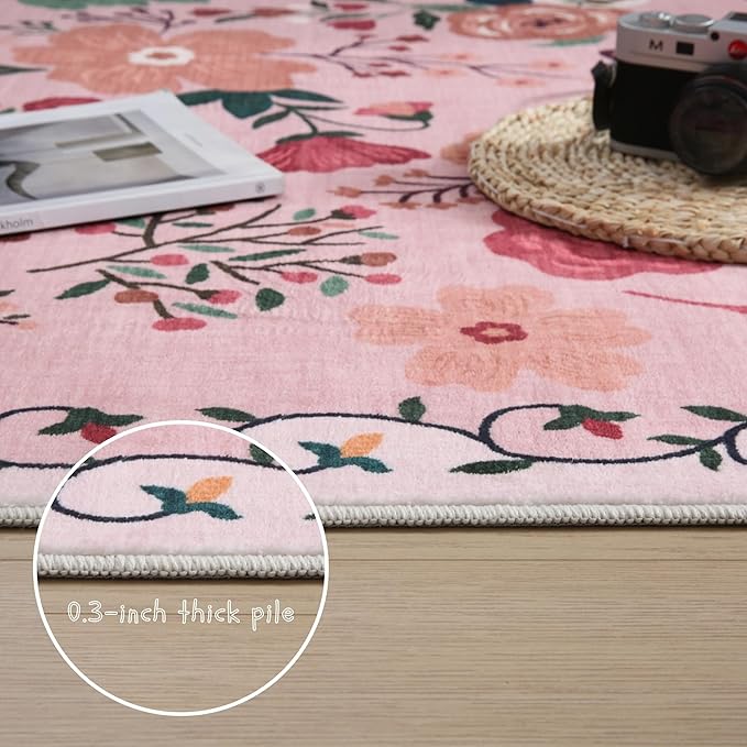 Area Rug 4x6 Rug Washable Boho Rugs Non Slip Low Pile Floral Small Carpet for Bedroom, Bedside, Kids Room, Office, Dining Room(Pink)