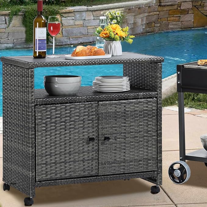 Outdoor Wicker Storage Cabinet,Patio Bar Table with Wheel, Outdoor Buffet Cabinet Movable, Garden Weather-Proof Bar Table/Cart for Indoor&Outdoor (Morden Gray)