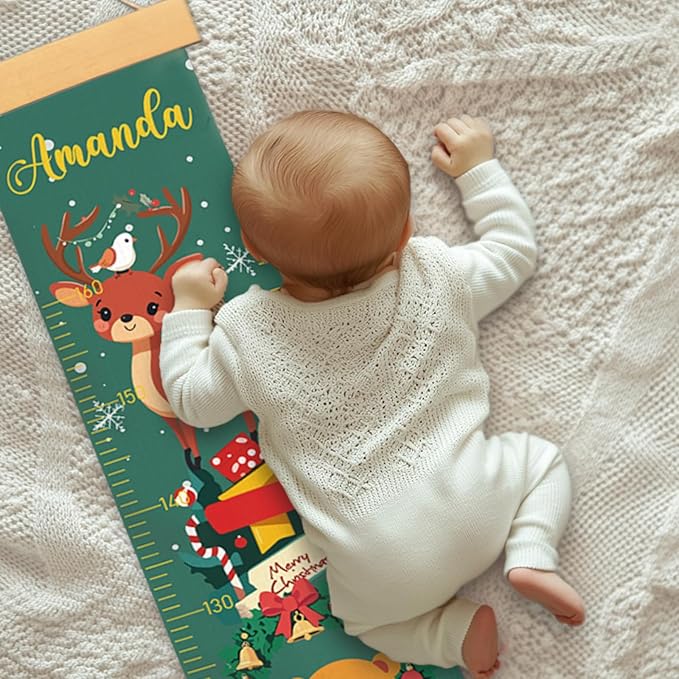 Personalized Name Growth Chart Wall Decor for Kids – Canvas Removable Height Chart Measuring Ruler 59" x 7.9" （Christmas Deer）