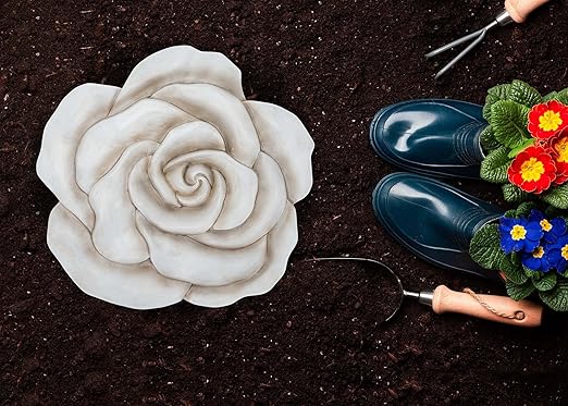 NAT & Jules Rose Flower Shaped Dimensional Indoor Outdoor 12 inch Cast Resin Decorative Garden Stepping Stone, Patio, Walkway Sculpture Yard Art, White