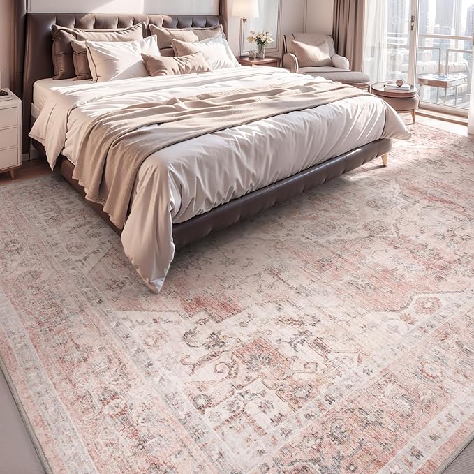 AMOAMI-Area Rug 8X10 Rugs for Living Room-Vintage Soft Pink Rugs for Bedroom-Non Slip Carpet-Washable Rug for Dining Room Living Room Bedroom Office Under Table
