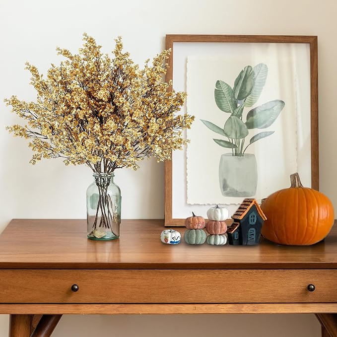 Sggvecsy 15 Pcs Babys Breath Artificial Flowers Gypsophila Bouquets Bulk Real Touch Fake Silk Flowers for Home Wedding DIY Floral Arrangement Kitchen Table Centerpiece Christmas Decoration (Gold)