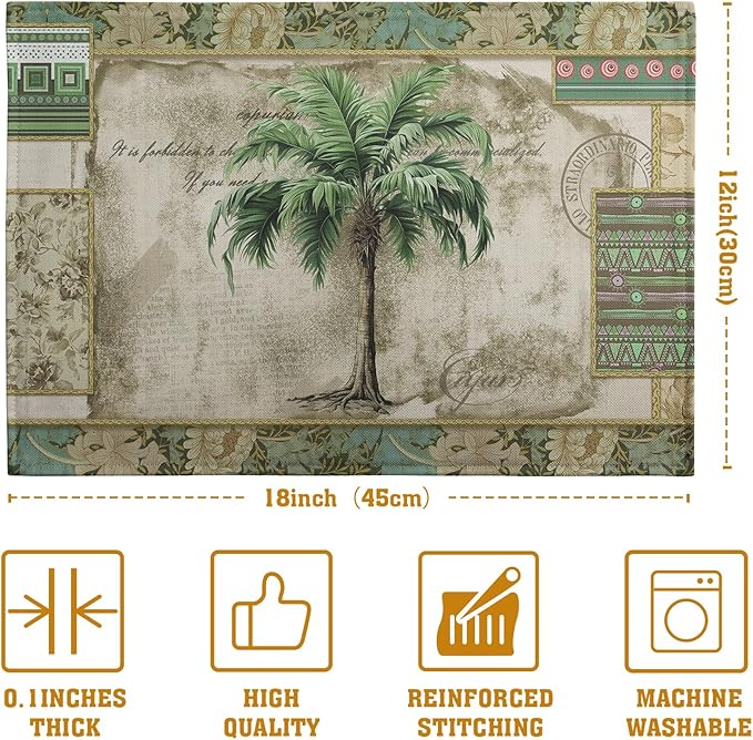 Tropical Palm Tree Placemats Set of 4 Summer Vintage Green Leaf Kitchen Table Mat 12x18 Inch Hawaii Beach Jungle Plant Tree Heat Resistant Washable Linen Place Mats for Dining Tables