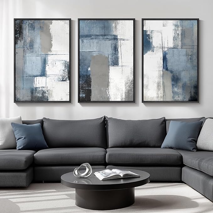 Large Framed Navy Blue and Grey Abstract Wall Art for Living Room, 3 Piece Modern Canvas Prints Paintings Artwork for Walls, Minimalist Abstract Pictures Wall Decor for Hallway Office Bedroom 24x36 In