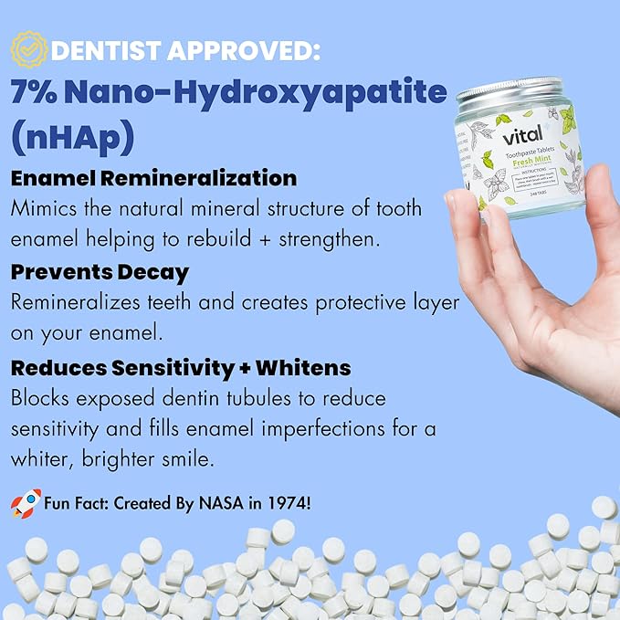 Vital Toothpaste Tabs with 7% Nano-Hydroxyapatite | Naturally Whitens + Remineralizes Teeth | Fluoride & Plastic Free | Combats Sensitivity | Travel & Eco Friendly | Fresh Mint | 62 Tablets (1 Month)