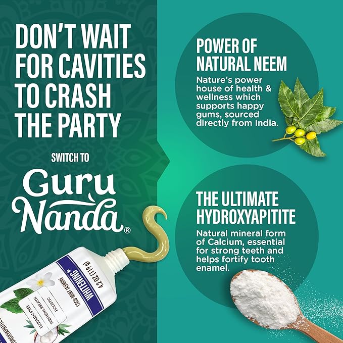 GuruNanda Hydroxyapatite Toothpaste, SLS & Fluoride Free (4 Pack), Whitening Toothpaste - Freshens Breath, Fights Plaque - with 2 Toothbrushes, 2 Tongue Scrapers & 2 Tube Squeezers