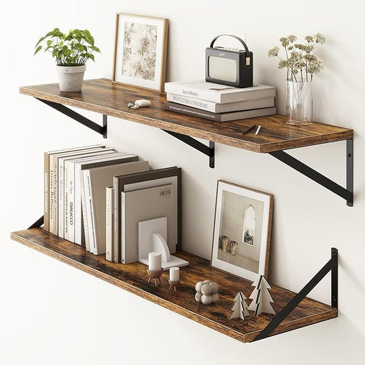 Fun Memories 40 Inch Floating Shelves, 10 Inch Deep Wall Shelf, 40 x 10 Floating Shelf Set of 2, Wood Floating Shelf Wall Mounted, Large Kitchen Living Room Bedroom Storage Shelves, Rustic Brown