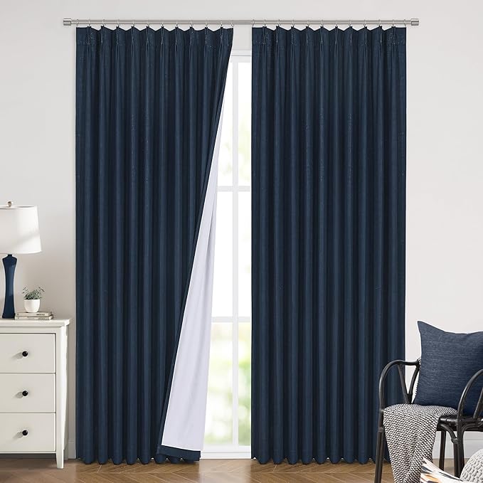 Vision Home Navy Blue Pinch Pleated Full Blackout Curtains Linen Blended Room Darkening Window Curtains 112 inch for Living Room Bedroom Thermal Insulated Pinch Pleat Drapes with Hooks 60" Wx112 Lx1