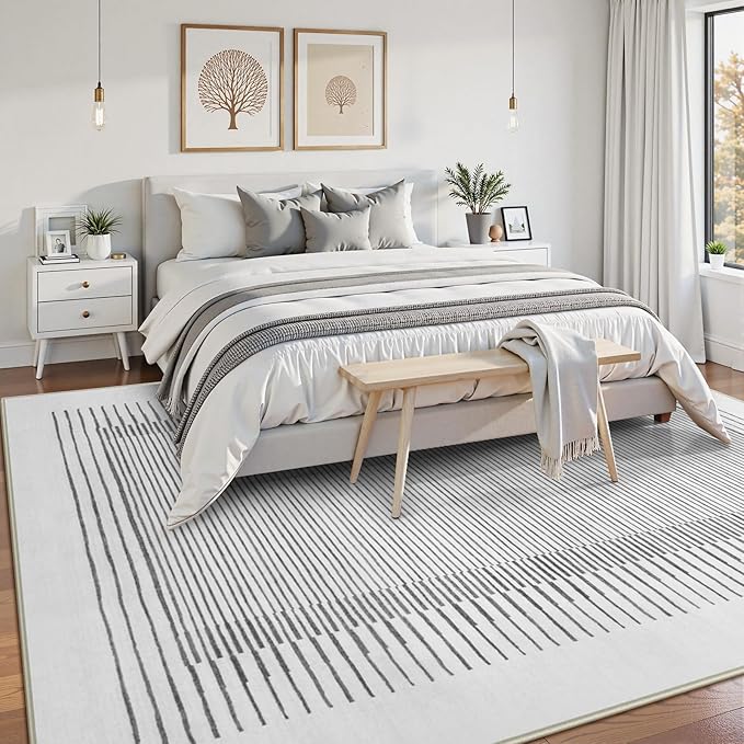 Wonnitar 5x7 Washable Striped Living Room Area Rug, Non-Slip Grey Boho Rugs for Bedroom, Low Pile Soft Minimalist Floor Carpets for Dining Room Home Office (Grey,5' x 7')