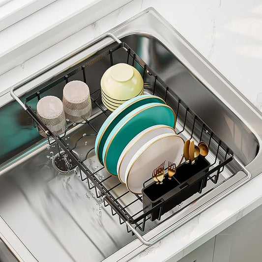 Expandable Dish Drying Rack in Sink, Adjustable Stainless Steel Rustproof Grip Handles Dish Rack Over The Sink, Dish Strainer with Drying Tray & Utensil Holder