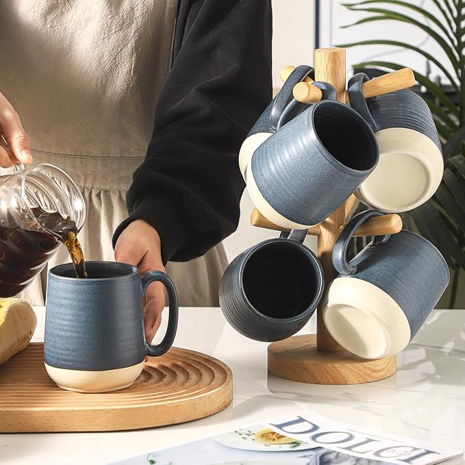 Hasense Porcelain Coffee Mugs Set of 6, 15 Ounce Large Ceramic Coffee Cups Set with Handle for Latte, Tea, Cocoa and Hot Chocolate, Dark Blue Coffee Mugs for Men and Women, Microwave Safe