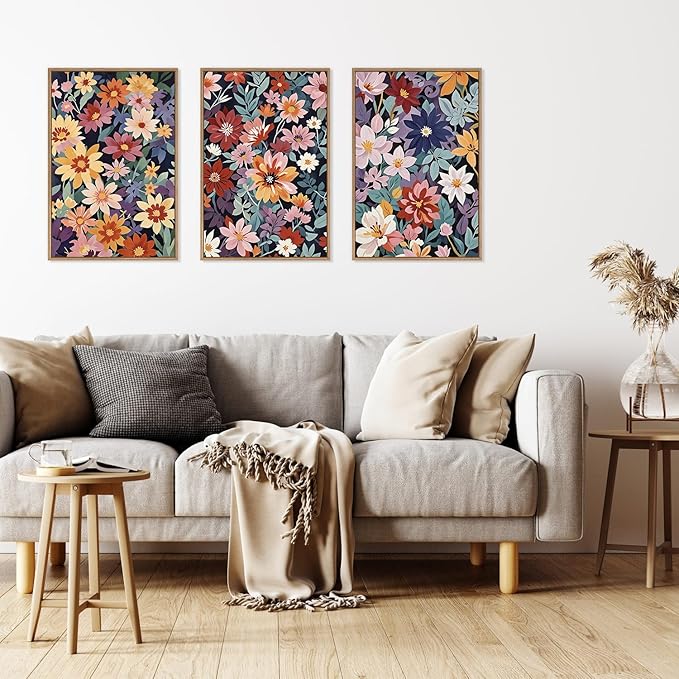 HLNIUC Boho Floral Framed Canvas Wall Art,Colorful Wildflower Landscape Wall Decor Set of 3(16”x24”)Rustic Bohemian Style Flower Art Print,Modern Botanical Floral Wall Painting for Living Room Bedroom