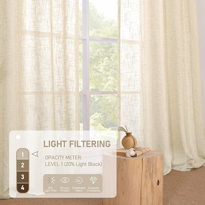 LAMIT Window Linen Curtains 45 Inch Length 2 Panels, Beige Light Filtering Panels Bronze Grommet Neutral Drapes for Bathroom/Loft Room, 34 x 45 Inch
