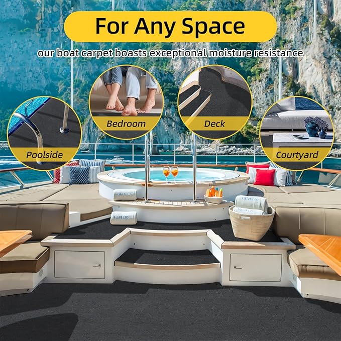 Marine Carpet, 5 FT x 20 FT Black Indoor/Outdoor Carpet, 0.2" Thick, Non-Slip, Waterproof, Machine Made, High Pile, Rectangular Area Rug