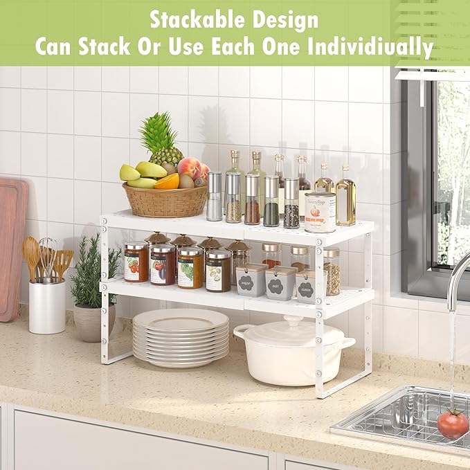 Expandable Cabinet Organizer Shelf With Adjustable Height, Stackable Kitchen Countertop Organizer Rack, Adjustable Shelf Riser For Kitchen Counter, Pantry, Cupboard, Desk, Tabletop