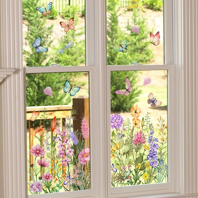 Mirbuy Wildflower Butterfly Window Decals, Colorful Garden Floral Window Clings for Home Decor