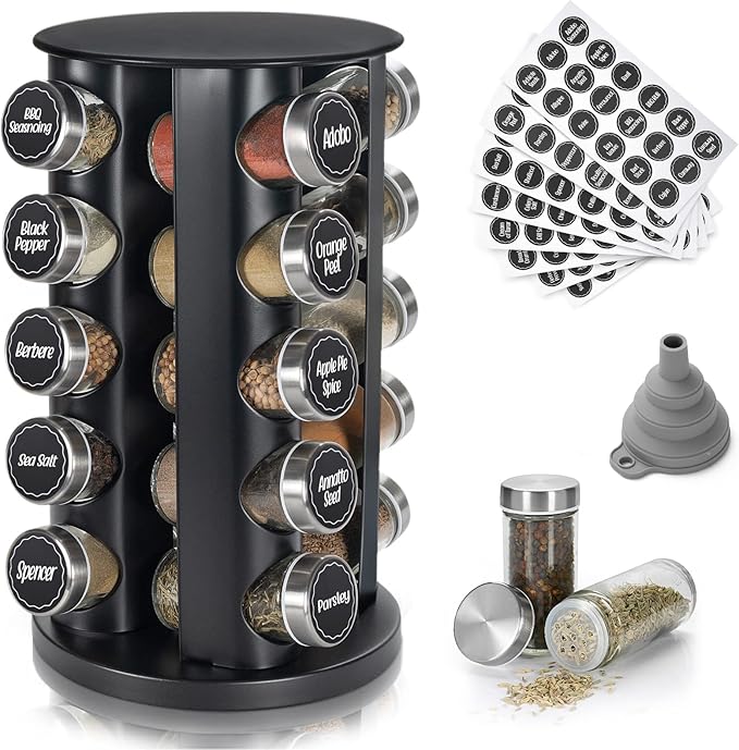 Black Countertop Revolving Spice Rack, Empty 20-Jars Rotating Spice Rack Organizer, Round Carousel Tower, 135 Spice Labels with Funnel Complete Set, for Kitchen Countertop, Cabinet