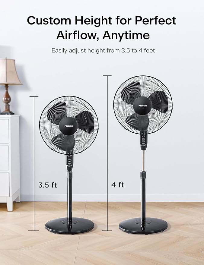 PELONIS 16'' Pedestal Fan for Bedoom, Remote, Standing Fan with 7-Hour Timer, 90° Oscillation, 3-Speeds, Adjustable Height, Electric Cooling Fans for Living Room and Office
