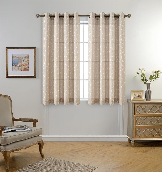 MIUCO Floral Embroidery Semi Sheer Curtains Faux Linen Grommet Window Curtains for Bedroom 52 x 63 Inch 2 Panels, Linen