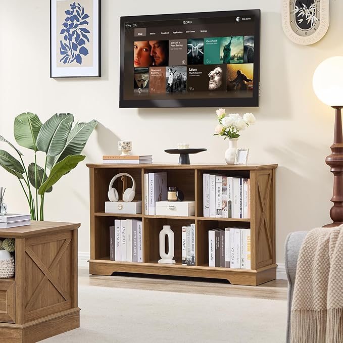 Farmhouse 6 Cube Bookshelf, Storage Organizer Bookcase, Kids Toy Storage Cabinet, Long Bookshelves Storage Organizer Shelf, Wood Display Cabinet Book Shelves for Bedroom,Living Room,Natural Oak