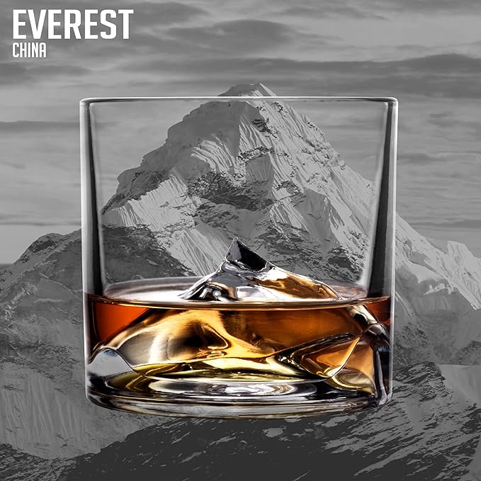 Mount Everest Heavy Crystal Whiskey Glasses Gift Set of 4, Thick Freezable Bourbon Glass 1lb Each, Premium Whiskey Gifts for Men, Frozen Crystal Chills Cocktails, 10 oz