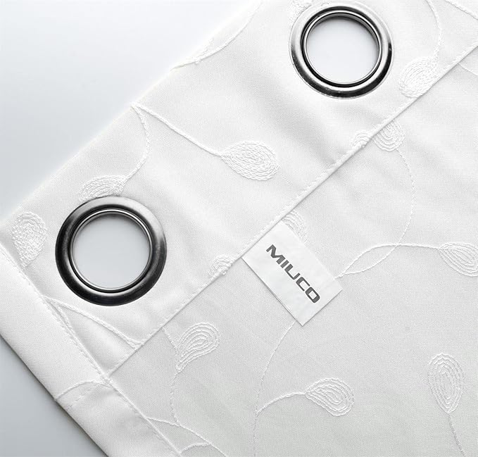 MIUCO Floral Embroidered Semi Sheer Curtains Faux Linen Grommet Window Curtains for Bedroom Living Room 84 Inches Long 2 Panels, Pure White