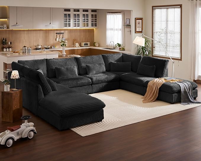 Oversized Modular Sofa, Extra Deep Cloud Corduroy Sectional Couch with Ottoman Chaise, Fluffy Chenille 8 Seater Couch Bed for Living Room, Villa (Sofa Bed 8 Seater, Corduroy Black)