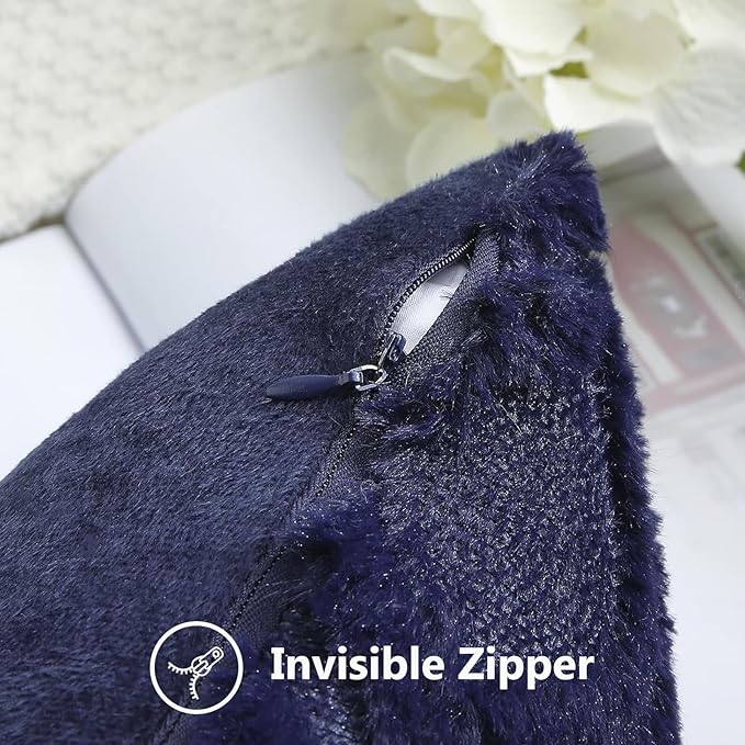 decorUhome Fall Throw Pillow Covers 20x20 Inch Set of 2, Soft Plush Decorative Faux Fur Navy Blue Solid Couch Pillow Covers, Accent Farmhouse Neutral Square Euro Pillow Cases for Sofa Bed Living Room