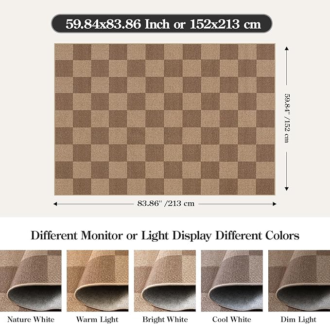 Lahome Checkered Easy Jute Living Room Rugs, 5x7 Large Dining Room Office Carpet Farmhouse Washable Area Rug, Checkerboard Neutral Non Slip Indoor Outdoor Carpet for Bedroom Entry Patio