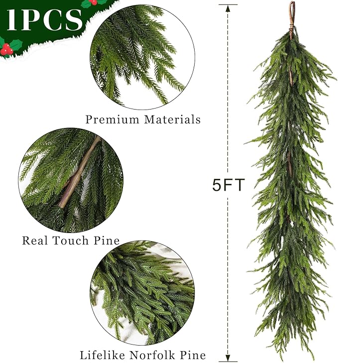 Artificial Norfolk Pine Garland - Faux Christmas Garland Fake Green Garland for Fireplace,Table, Stairs, Mantle, Window,Indoor Outdoor,Home,Holiday Decor(1 PCS,5 FT)