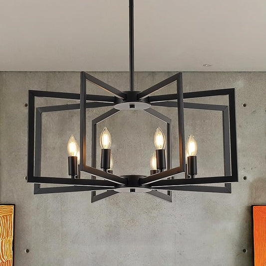 Modern Farmhouse Black Chandeliers for Dining Room, 8-Light Industrial Metal Chandeliers Geometric Pendant Lights Kitchen Island for Entryway Stairway Foyer Hallway