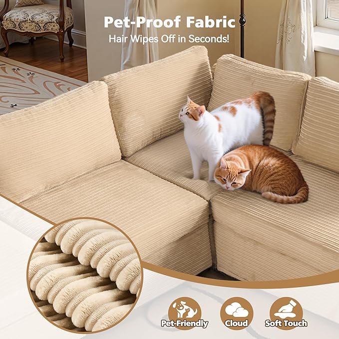 Modular Sectional Sofa, 130.7 Inch U Shaped Couch Set for Living Room, 4-Seater Comfy Cloud Couches with Two Movable Ottoman, DIY Combination, Plush Corduroy, Beige