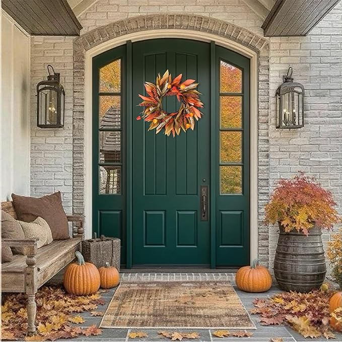 Fall Corn Husk & Berry Door Wreath for Front Door 24 Inch, Festive & Rustic Farmhouse Autumn Harvest Wreath, Fall Decor for Home Door Wall Porch Window, Orange/Yellow/Brown