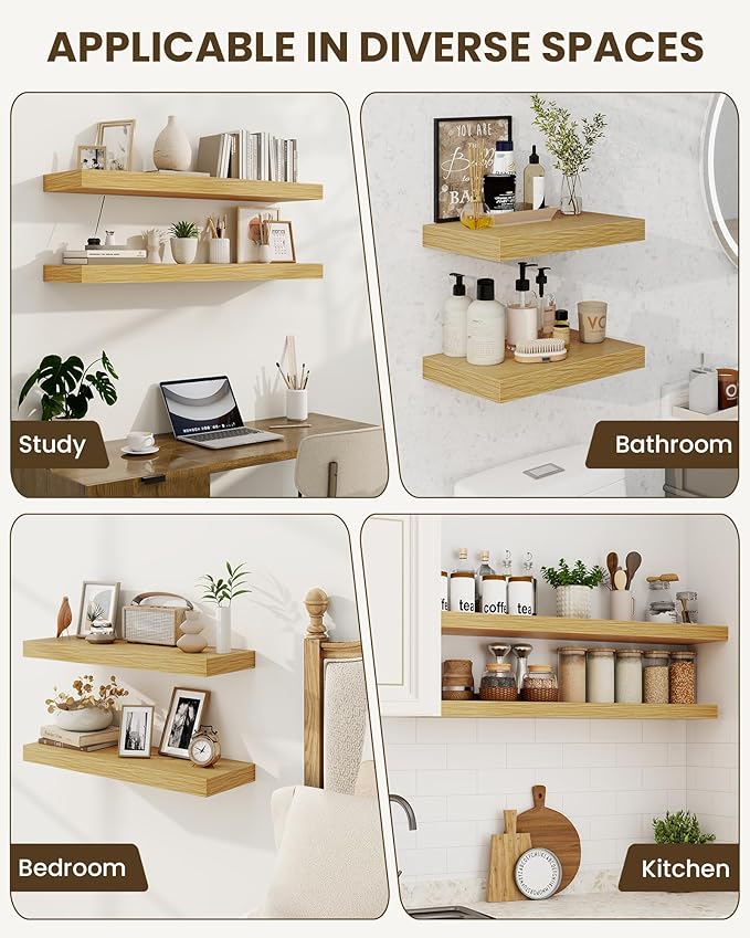 Marsmiles 30" Floating Shelves for Wall, Wooden Shelves with Invisible Brackets Set of 2, Rustic Farmhouse Wall Mounted Shelf for Kitchen Bathroom Living Room Study, Natural Oak