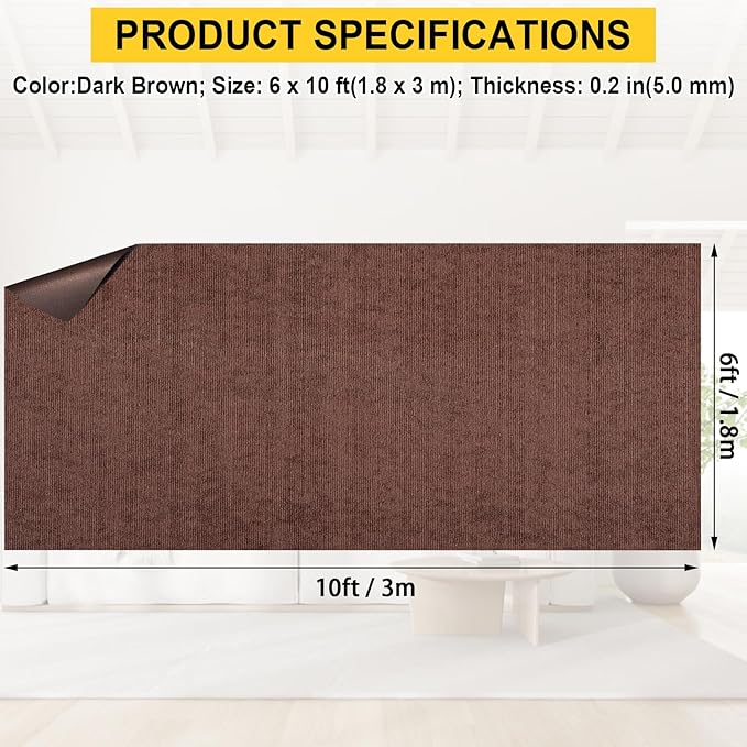 Marine Carpet, 6 FT x 10 FT Brown Indoor Outdoor Surface 0.2" Thick Boat Carpet with Water-Proof TPE Backing, Non-Slip Marine Rug for Home, Patio, Porch, Deck