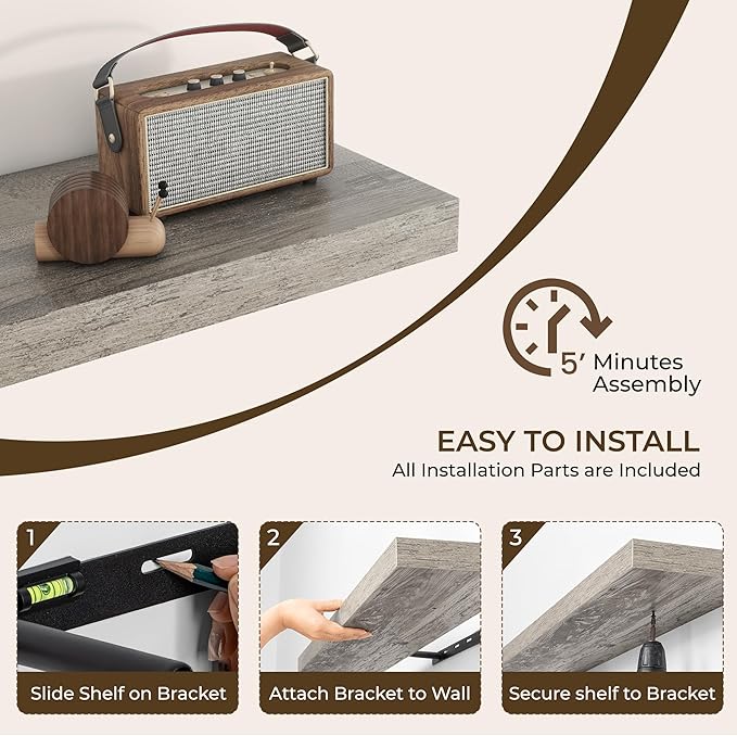 RICHFOCUS 16Inch Floating Shelves for Wall 2 Pack Shelves for Bedroom|Kitchen|Bathroom Wall Mounted Rustic Wood Floating Shelf with Invisible Brackets for Books|Storage|Decor, Grey