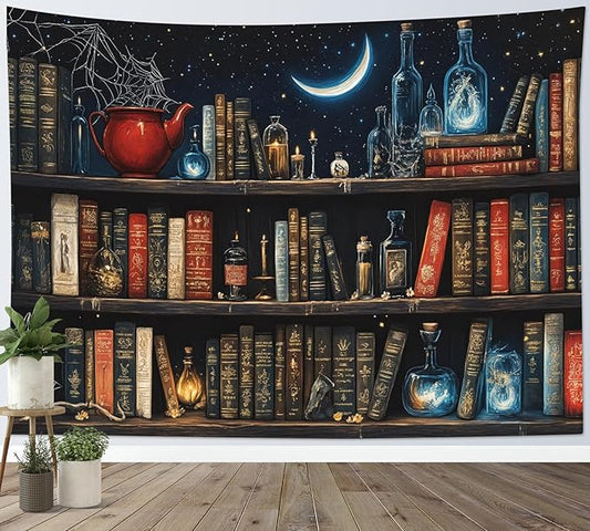 LB Fantasy Bookshelf Tapestry, Horror Spider and Vintage Book with Moon Wall Tapestry for Bedroom Aesthetic, Trippy Galaxy Wall Art for Living Room Dorm Home Decor Ready to Hanging, 92.5 x 70.9 Inches