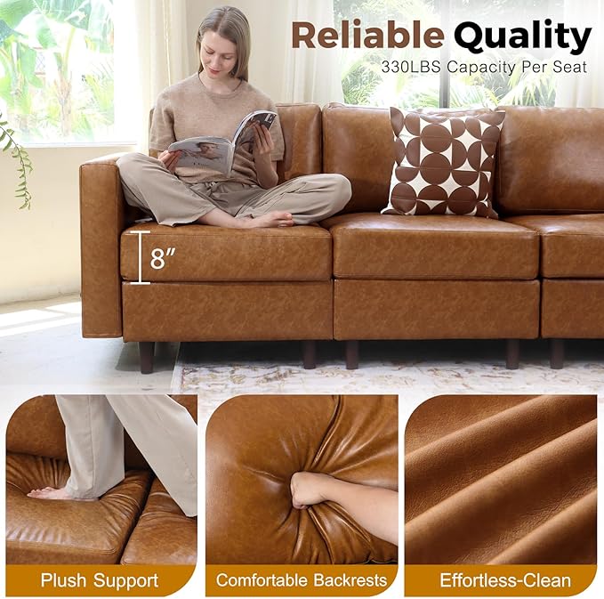 91.5" Faux Leather U Shaped Modular Sectional Sofa, 5 Seater Couch with Movable Ottoman Deep Seat and Storage Seat with Removable Cover for Living Room, Apartment - Brown