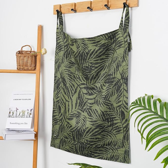 Linen Hanging Laundry Bag, 100% Linen Leaf Print Over The Door Laundry Hamper with Buttons and Zipper, Space Saving Door Hampers for Laundry Dirty Clothes Home Travel, Green, 19.7x27.5inches