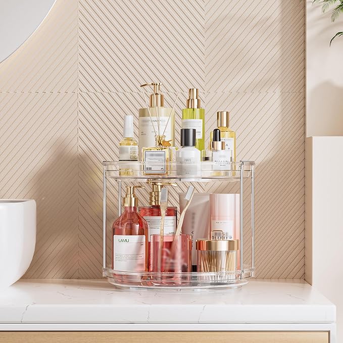 LAMU 10.6in Rotating Makeup Organizer for Vanity, 2 Tier Lazy Susan Turntable Stackable Spinning Skincare Organizer Cosmetic Perfume Tray for Bathroom Counter, Large Capacity, Clear