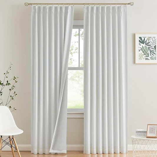 Vision Home White Pinch Pleated Full Blackout Curtains Thermal Insulated Window Curtains 108 inch for Living Room Bedroom Room Darkening Pinch Pleat Drapes with Hooks Back Tab 2 Panel 40" Wx108 L