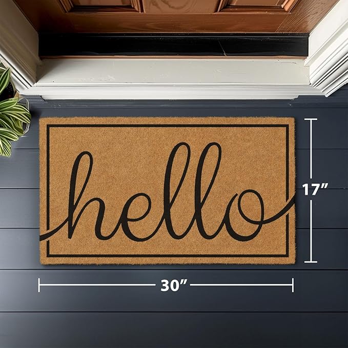 Barnyard Designs Natural Coco Coir Heavy Duty Backing Doormat - Large Cute Non-Slip Front Door Welcome Mat for Outside Entrance or Porch Entry, Brown (17x30, Hello)