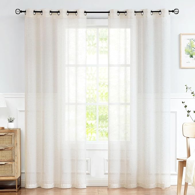 FMFUNCTEX Sheer Linen Curtains for Bedroom, Beige Curtains 108 Inches Long Semi Sheer Draperies for Living Room, Natural Cream White Extra Long Farmhouse Curtain Window Treatment Grommet Top 2 Panels